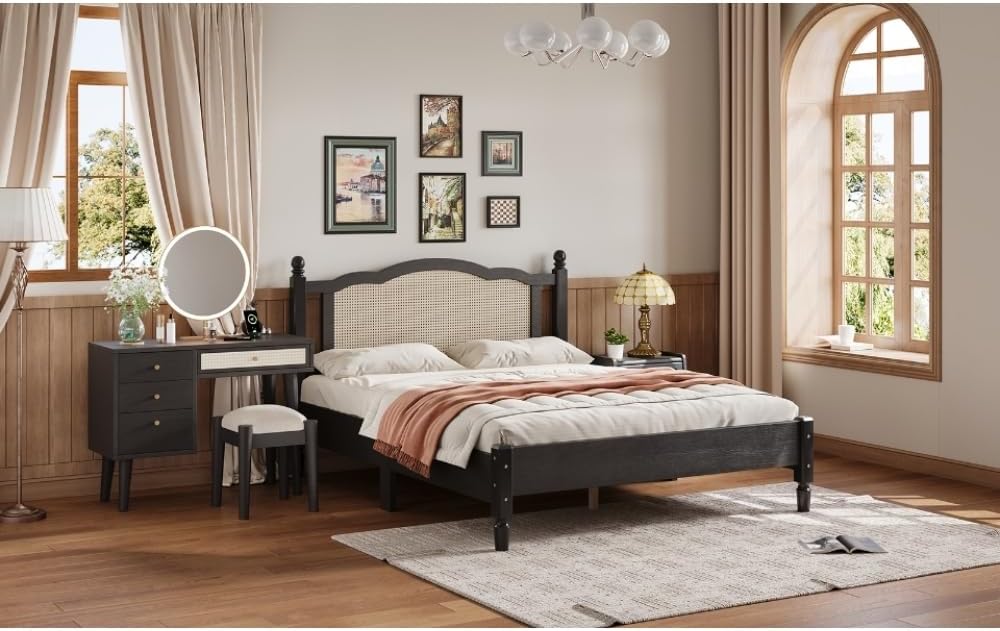 3 Pieces Bedroom Set with Full Size Wooden Bed Frame, 1 Vintage Nightstand and 1 Makeup Vanity Set with Stool,Black (Black + Wood + Queen + 3 Piece Set)