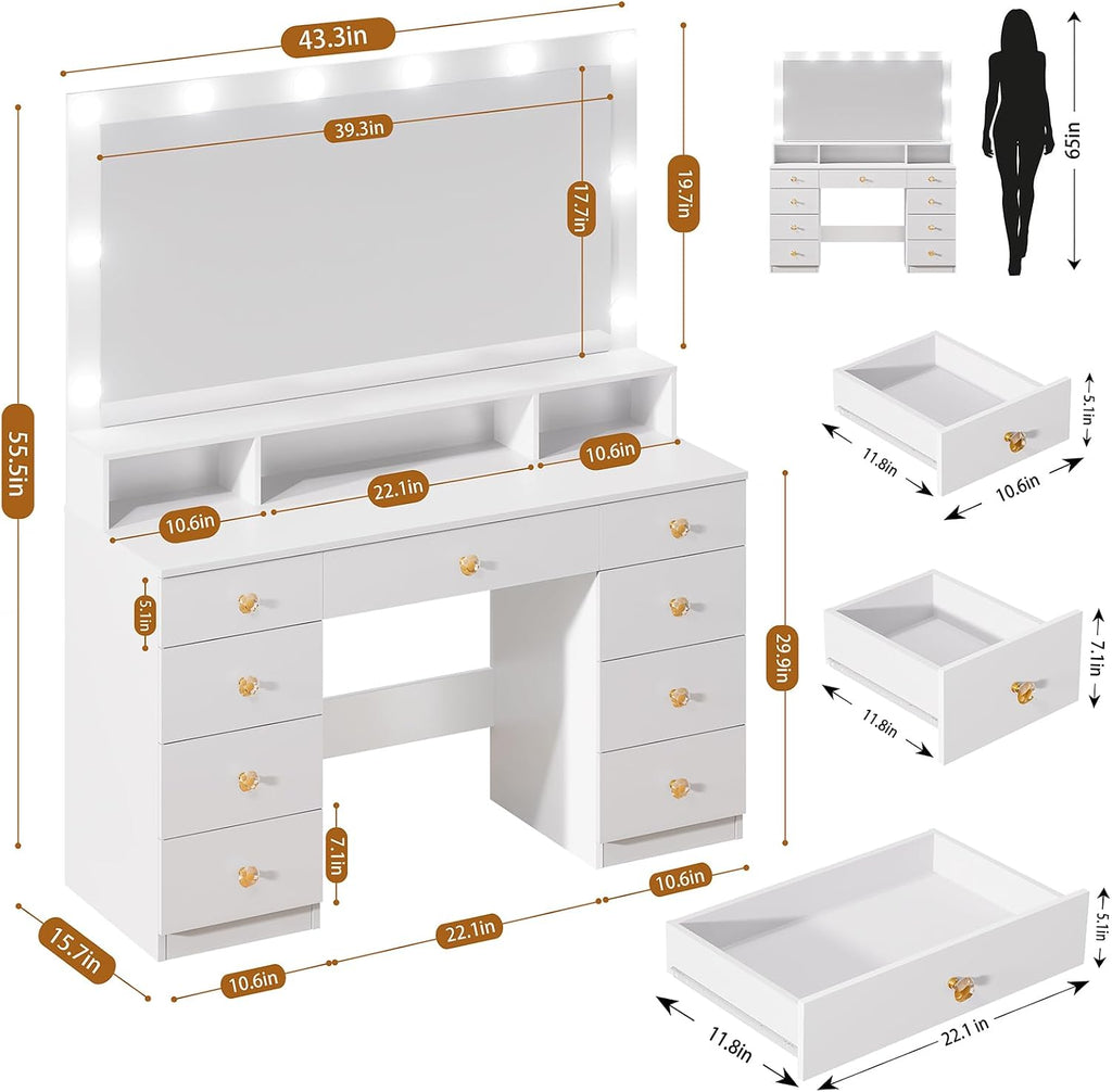 Vanity Desk with Mirror and Lights, Makeup Vanity Table with Power Outlet, 9 Drawers & Storage Shelf, Bedroom Dressing Table Vanity Set for Girls, Women, White (39.3' Large Mirror)