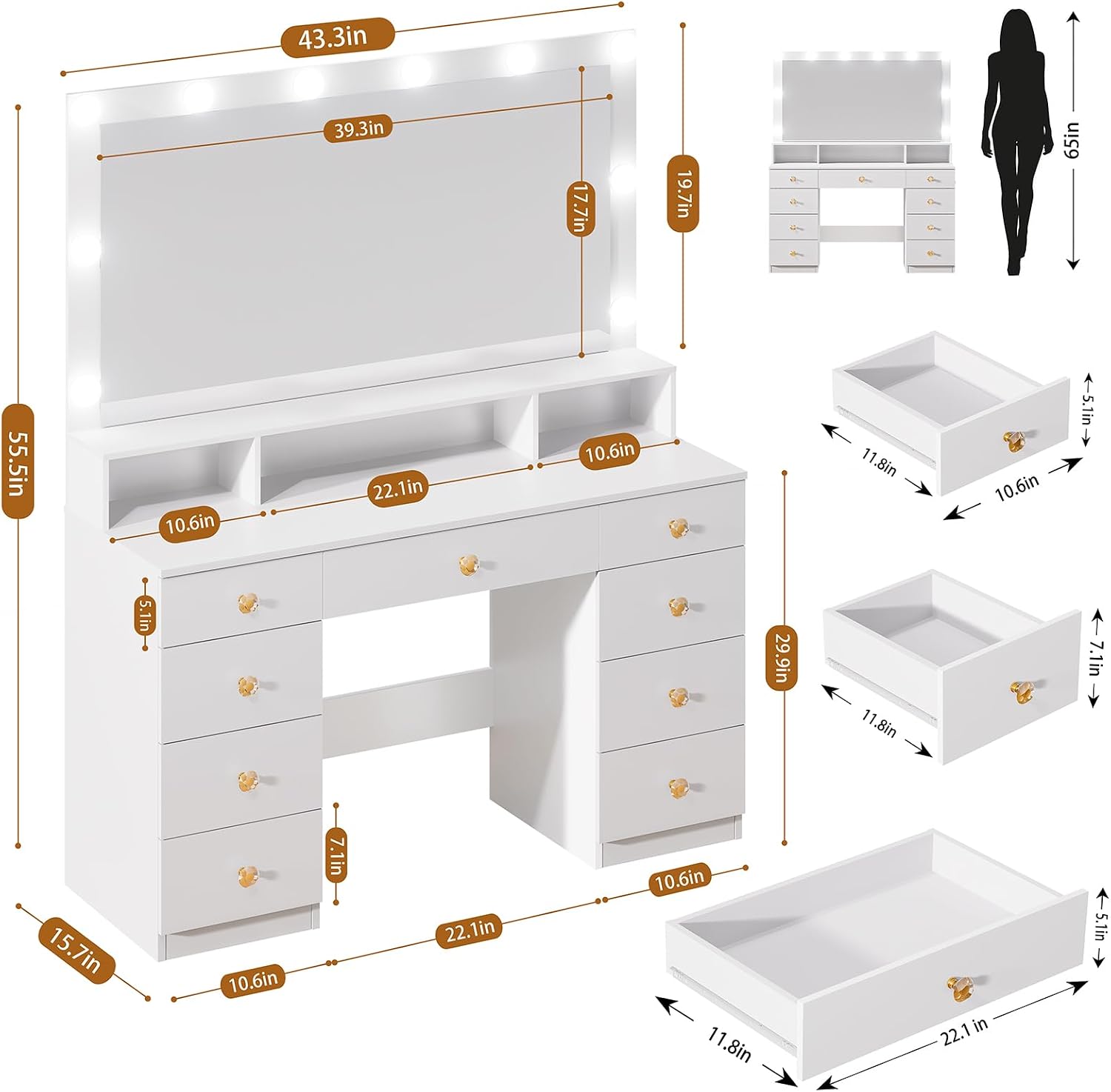 Vanity Desk with Mirror and Lights, Makeup Vanity Table with Power Outlet, 9 Drawers & Storage Shelf, Bedroom Dressing Table Vanity Set for Girls, Women, White (39.3' Large Mirror)