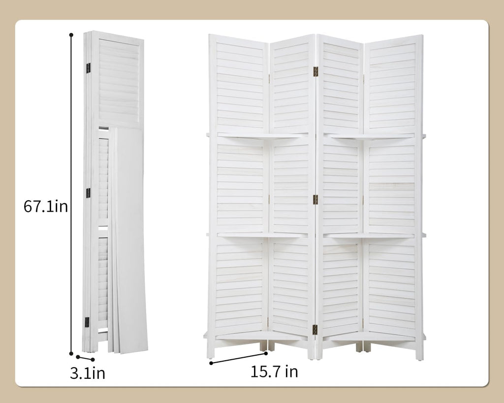 FDW 4 Panel Room Divider Folding Privacy Wooden Screen with Three Clever Shelf Portable Partition Wood Divider for Home Office, White