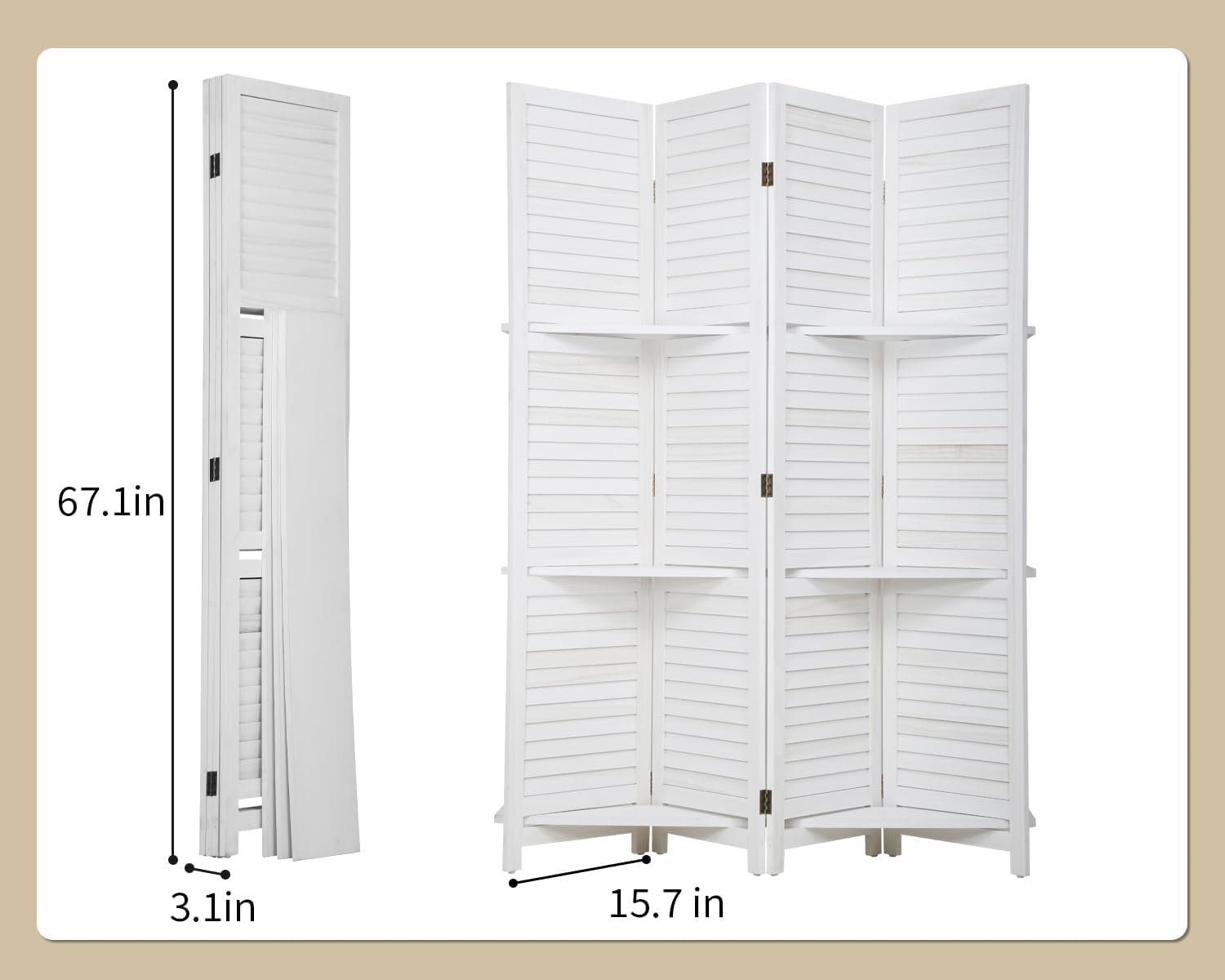 FDW 4 Panel Room Divider Folding Privacy Wooden Screen with Three Clever Shelf Portable Partition Wood Divider for Home Office, White