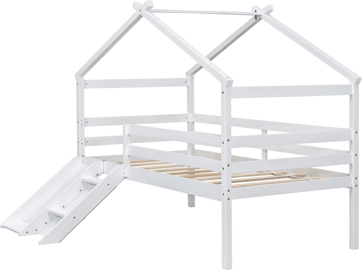 JIVOIT Twin Size Low Loft Bed with Slide and Ladder, House Loft Bed with Safety Guardrails, Capacious Space Under Bed, House Roof Frame for Kids Teens Girls Boys (White * 098)