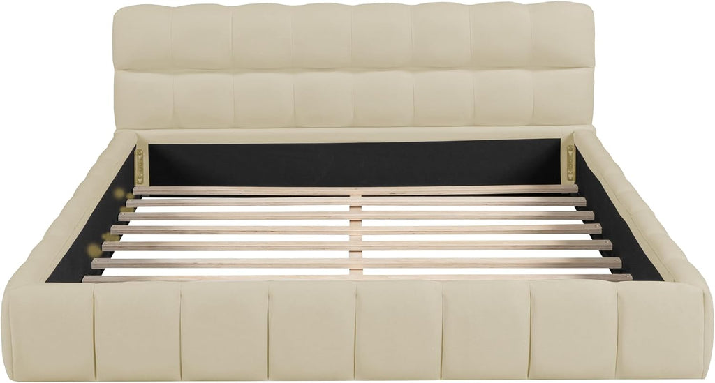 Queen Size Upholstered Platform Bed with Thick Fabric, Grounded Bed with Solid Frame,Wood Slat Support, No Box Spring Needed,Easy Assembly,Bedroom Set (C+Beige)