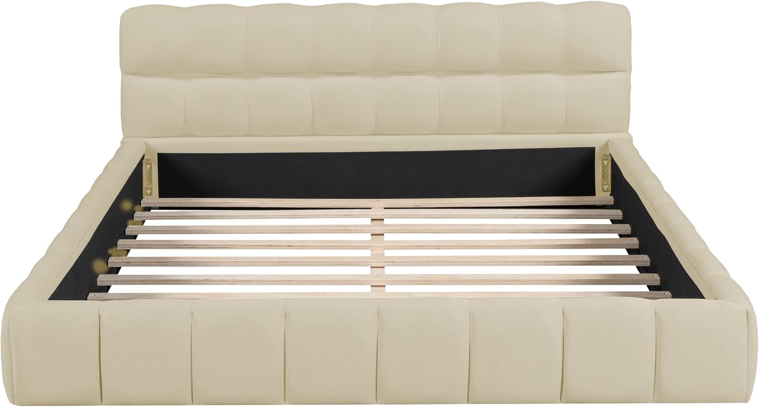 Queen Size Upholstered Platform Bed with Thick Fabric, Grounded Bed with Solid Frame,Wood Slat Support, No Box Spring Needed,Easy Assembly,Bedroom Set (C+Beige)
