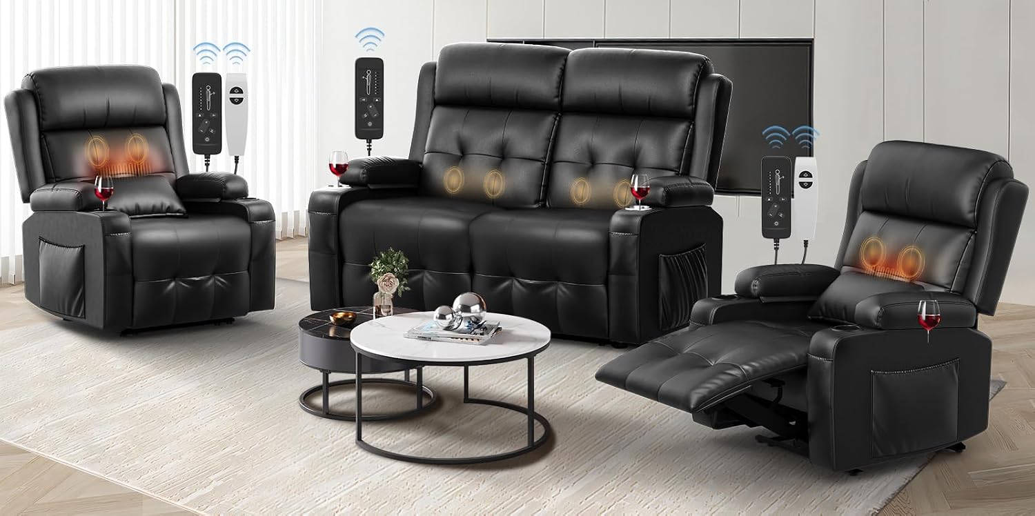 Reclining Loveseat, 2 Single Power Heat & Massageable Recliner Chairs with Storage, Cup Holders, Oversized Massage Sofa Heavy Weight Capacity, Wall Hugger Couches for Living Room & RV
