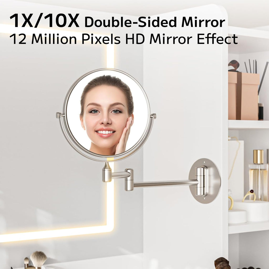 Vanity Desk with Mirror Lights, 41 Inch Makeup Vanity Table 10x Magnifying Mirror Charging Station Drawers Shelves Cabinet Adjustable 3 Color Brightness Dressing Table for Bedroom (Oak)