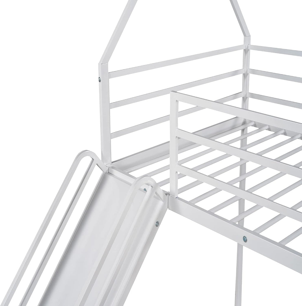 Metal Twin Size House Bed with Roof and Slats Support,Playhouse Design Montessori Floor Bed Frame W/Headboard & Footboard,No Box Spring Needed,for Kids Girls Boys,White