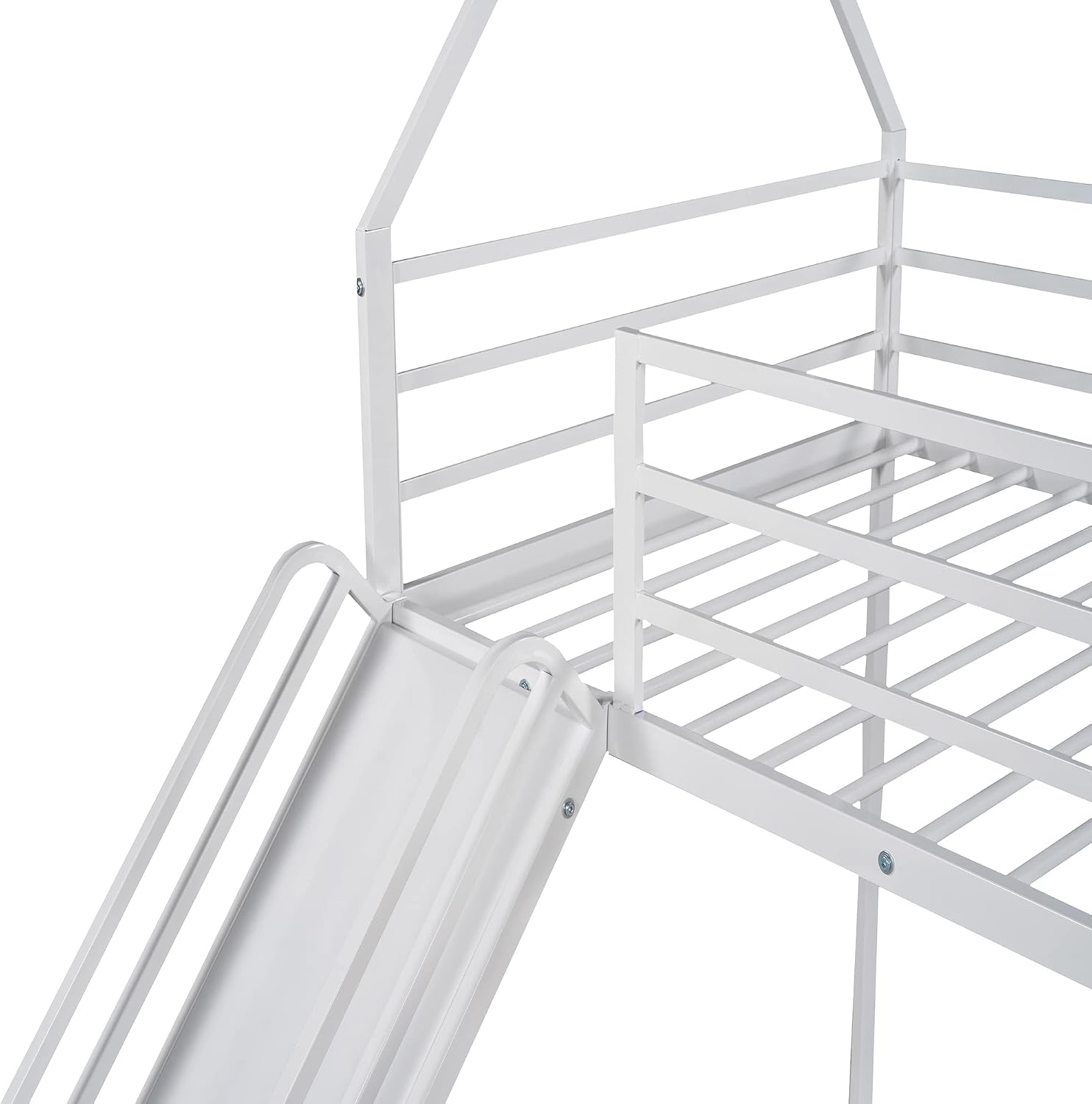 Metal Twin Size House Bed with Roof and Slats Support,Playhouse Design Montessori Floor Bed Frame W/Headboard & Footboard,No Box Spring Needed,for Kids Girls Boys,White