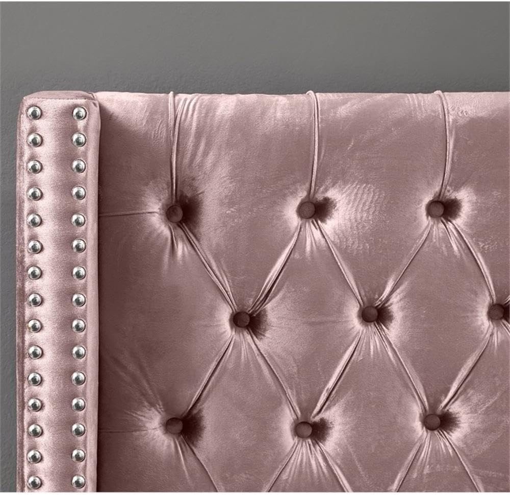 Meridian Furniture Aiden Collection Modern | Contemporary Velvet Upholstered Bed with Deep Button Tufting, Solid Wood Frame, and Custom Chrome Legs, King, Pink