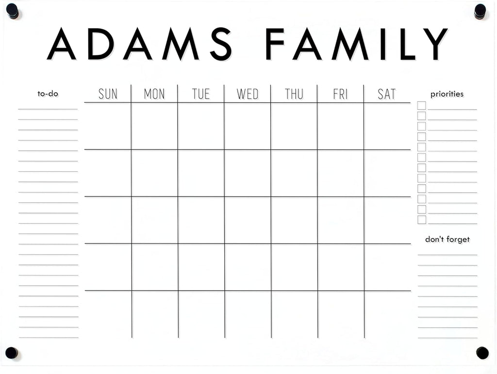 Personalized Clear Acrylic Calendar for Wall, Calendar Whiteboard for Wall, Dry Erase Wall Calendar, Wall Calendar Organizer System for Home (Block, Black, 31'W x 23'H)