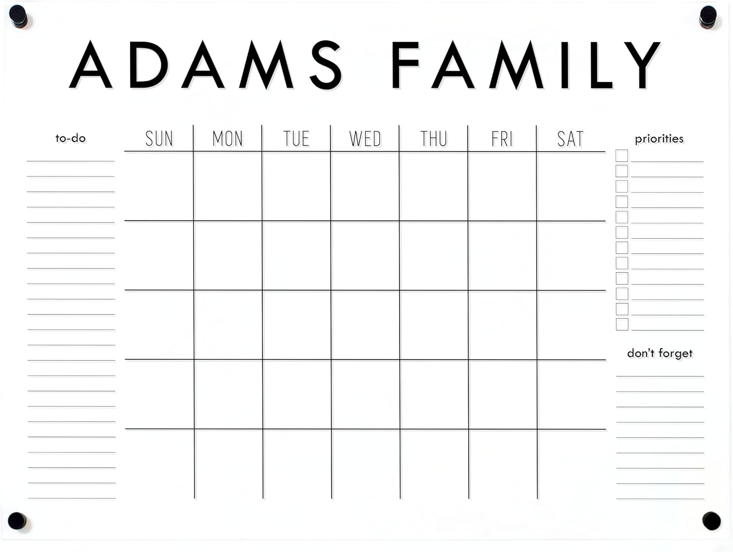 Personalized Clear Acrylic Calendar for Wall, Calendar Whiteboard for Wall, Dry Erase Wall Calendar, Wall Calendar Organizer System for Home (Block, Black, 31'W x 23'H)
