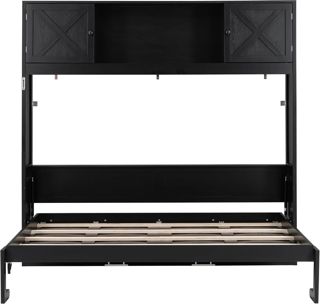 Harper & Bright Designs Queen Size Murphy Bed, Wood Hidden Foldable Wall Bed Frame with Storage Cabinet for Bedroom, Office, Space-Saving, Black