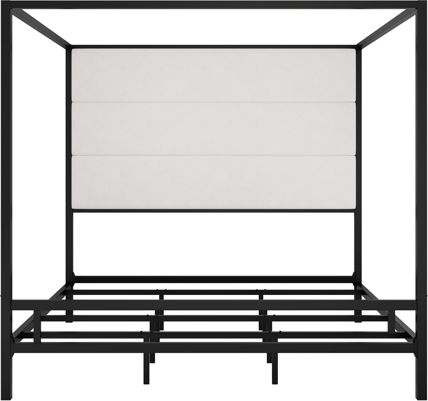 Modern Metal King Size Canopy Platform Bed with with Tall Linen Fabric Upholstered Headboard and 4 Poster Design, Box Spring Needed (Black+White, King)