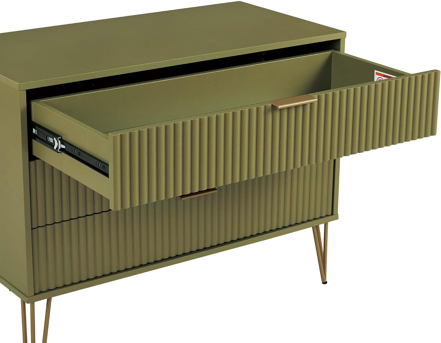 Manhattan Comfort Dumbo 2 Piece Dresser & Nightstand Set, Fluted Night Stand with Hairpin Gold Metal Legs & 3-Drawer Dresser, No Tool Assembly, Storage Cabinet for Bedroom, Living Room in Olive Green