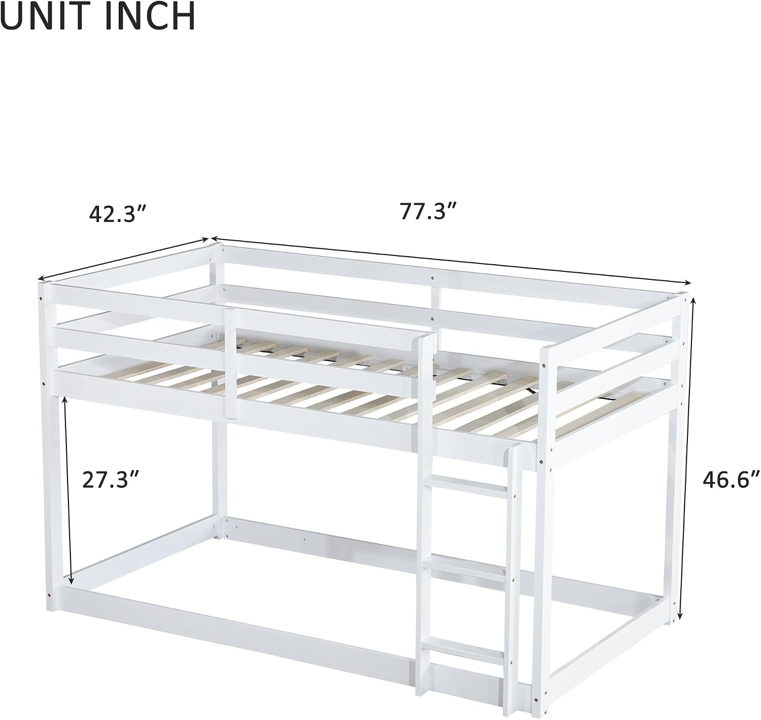 Ball & Cast Twin Over Twin Bunk Bed,Solid Rubber Wooden Low Floor Platform Bed with Ladder and Full Length Guardrail,Slat Support,Bedroom Furniture for Girls Boys,White