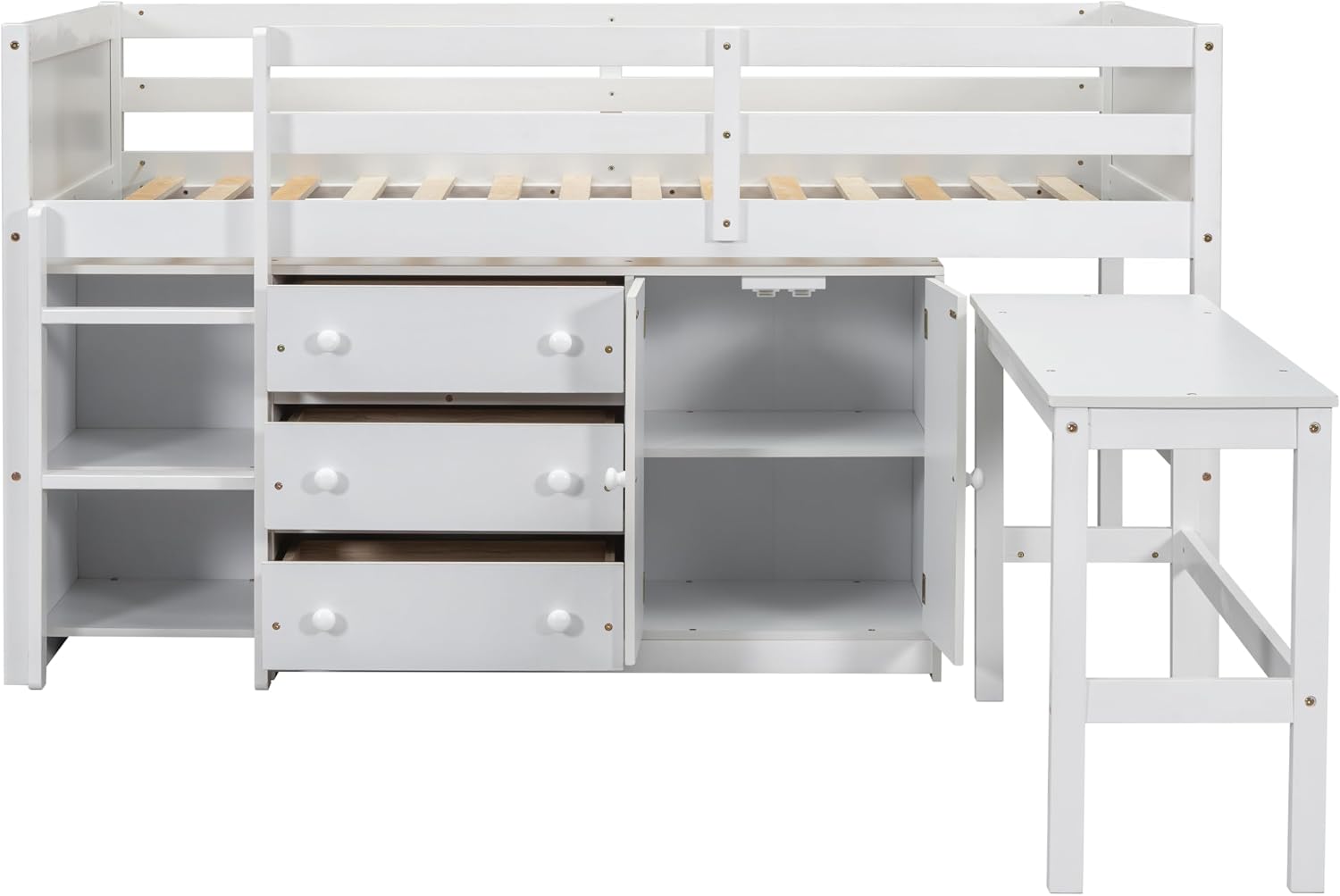 JIVOIT Twin Size Low Loft Bed with Retractable Desk, Multifunction Loft Bed with 3 Drawers, Cabinet and Shelves, Space Saving Wood Bed Frame for Kids Boys Girls (White * 02)