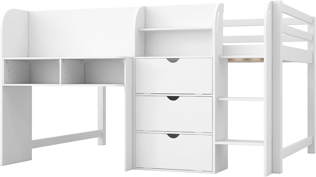 JIVOIT Full Size Loft Bed with Built-in Desk, Wooden Low Loft Bed with Storage Cabinets and Open Bookcase, Whiteboard for Graffiti, Safety Guardrail & Ladder, Easy Assembly (White//57)