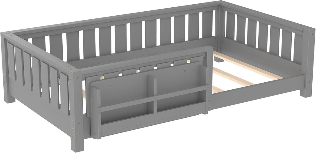 Bellemave Gray Montessori Floor Bed with Fence and Slats, Twin Size Montessori Floor Bed with Bookcase and High Rails, Easy Assemble Bed Frame for Girls, Boys, Twin