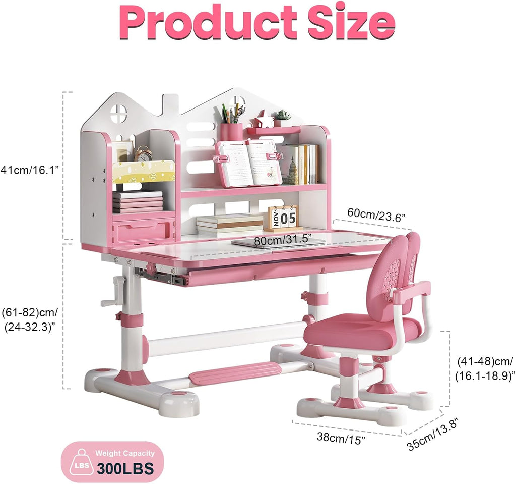 Kids Desk and Chair Set, Height Adjustable Study Desk for Kids Ages 3–12, Easy-Turn Crank Ergonomic Desk with 50° Tiltable Desktop, Storage Drawer & Bookshelf (015-Pink)