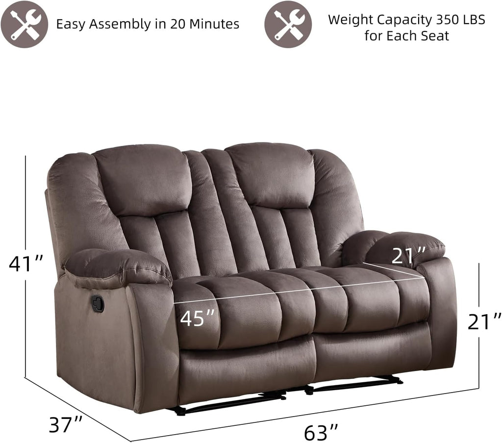 EBELLO Loveseat Recliner Sofa for Living Room, Extra Wide Modern Overstuffed 2 Seat Reclining Manual Sofa Chair, Daul Recliner with Hidden Armrest Cup Holders, Breathable Fabric, Brown