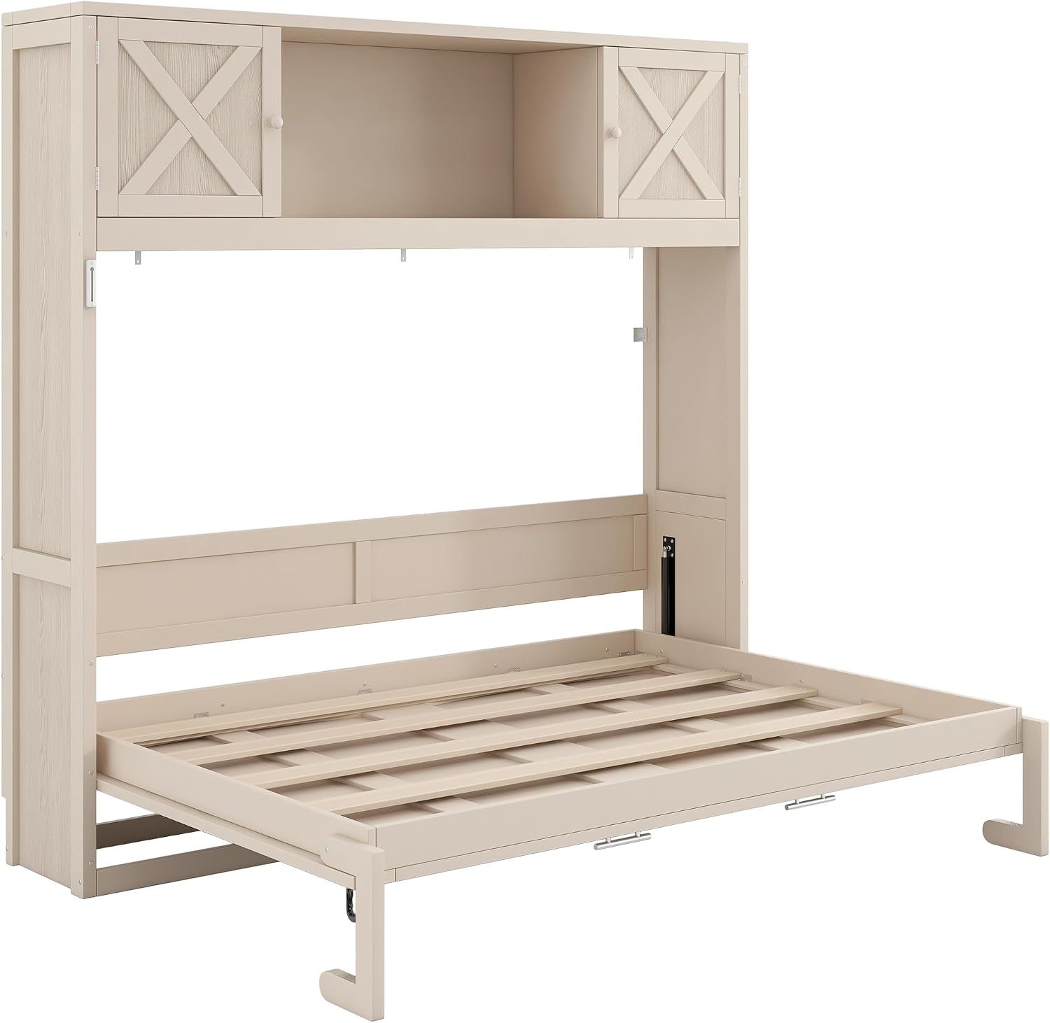 Harper & Bright Designs Full Size Murphy Bed, Wood Hidden Foldable Wall Bed Frame with Storage Cabinet for Bedroom, Office, Space-Saving, Beige