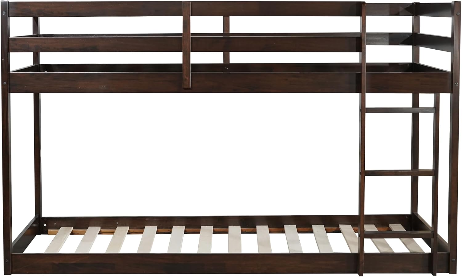 Twin Low Bunk Bed for Kids, Floor Bunk Beds Twin Over Twin with Integrated Ladder & Full Guardrails, Wood Bunked with Strengthened Slats for Boys, Girls, Bedroom, No Box Spring Needed, Espresso