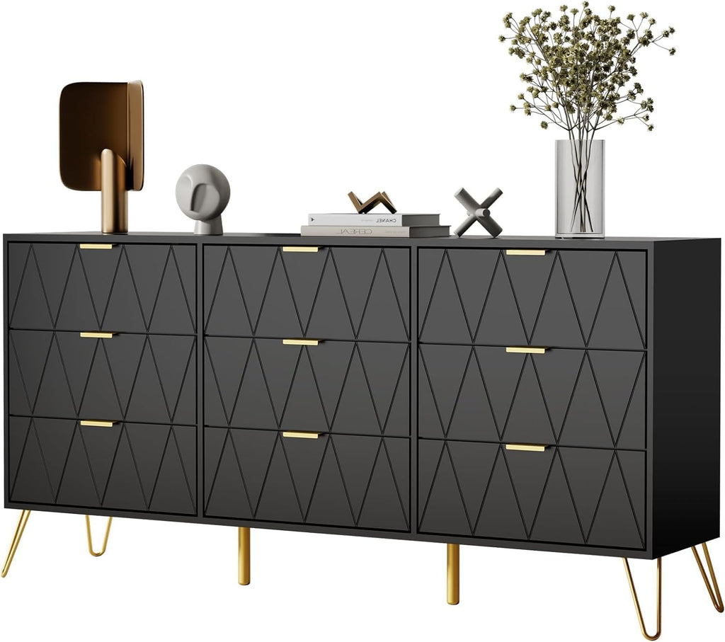 UEV Black Dresser for Bedroom,Modern 9 Drawer Triple Dresser with Gold Accents,Long Storage Organizer for TV Stand & Closet,Large Chest of Drawers for Living Room,Hallway,Entryway
