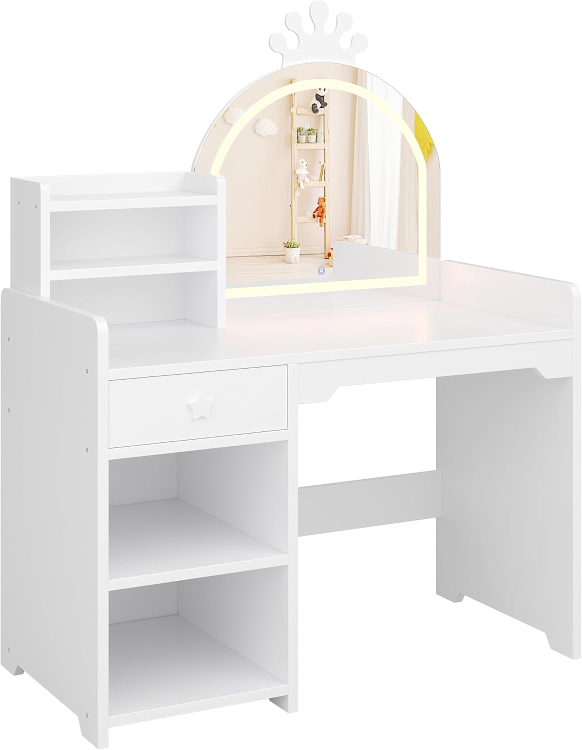 Garvee Kids Vanity with Lights, 2 in 1 Princess Makeup Vanity Desk with Open Bookshelf, Storage Cabinet & Shelves for Little Girls