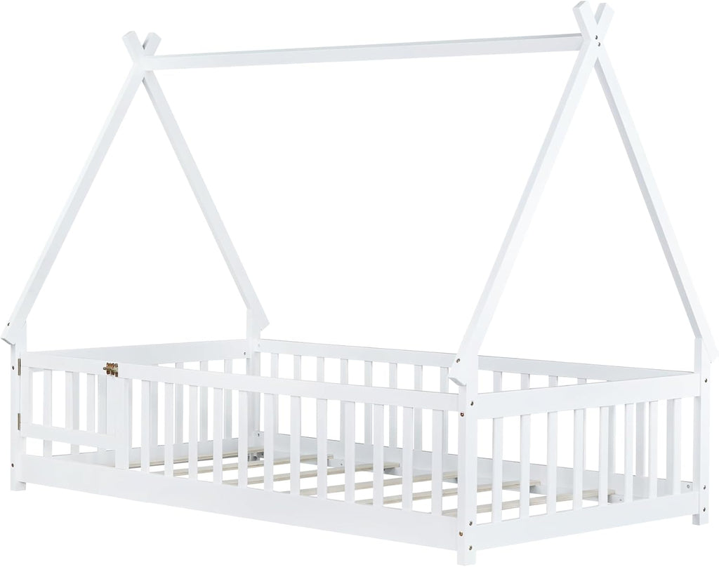 Bellemave Twin Size Tent Floor Bed for Kids,Solid Wood Teepee Montessori Floor Bed Frame with Door and Slats for Girls Boys(Twin,White)