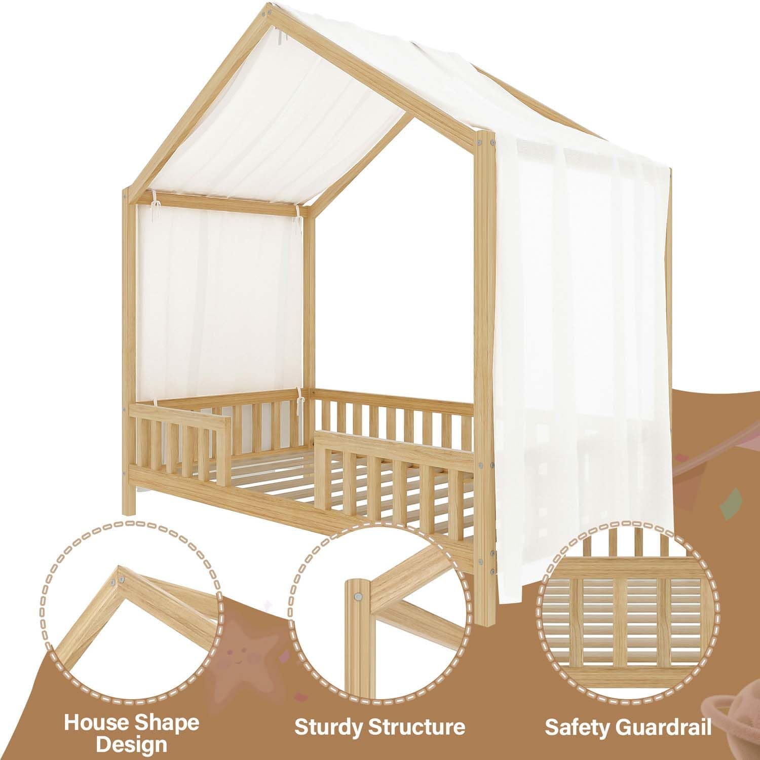 Cute Montessori Bed Frame Twin Size with Canopy, Low Profile House Shape Bed with Safety Railing & Wood Slat Support, Kids Playhouse Bedframes for Boys Girls (Natural, Twin)