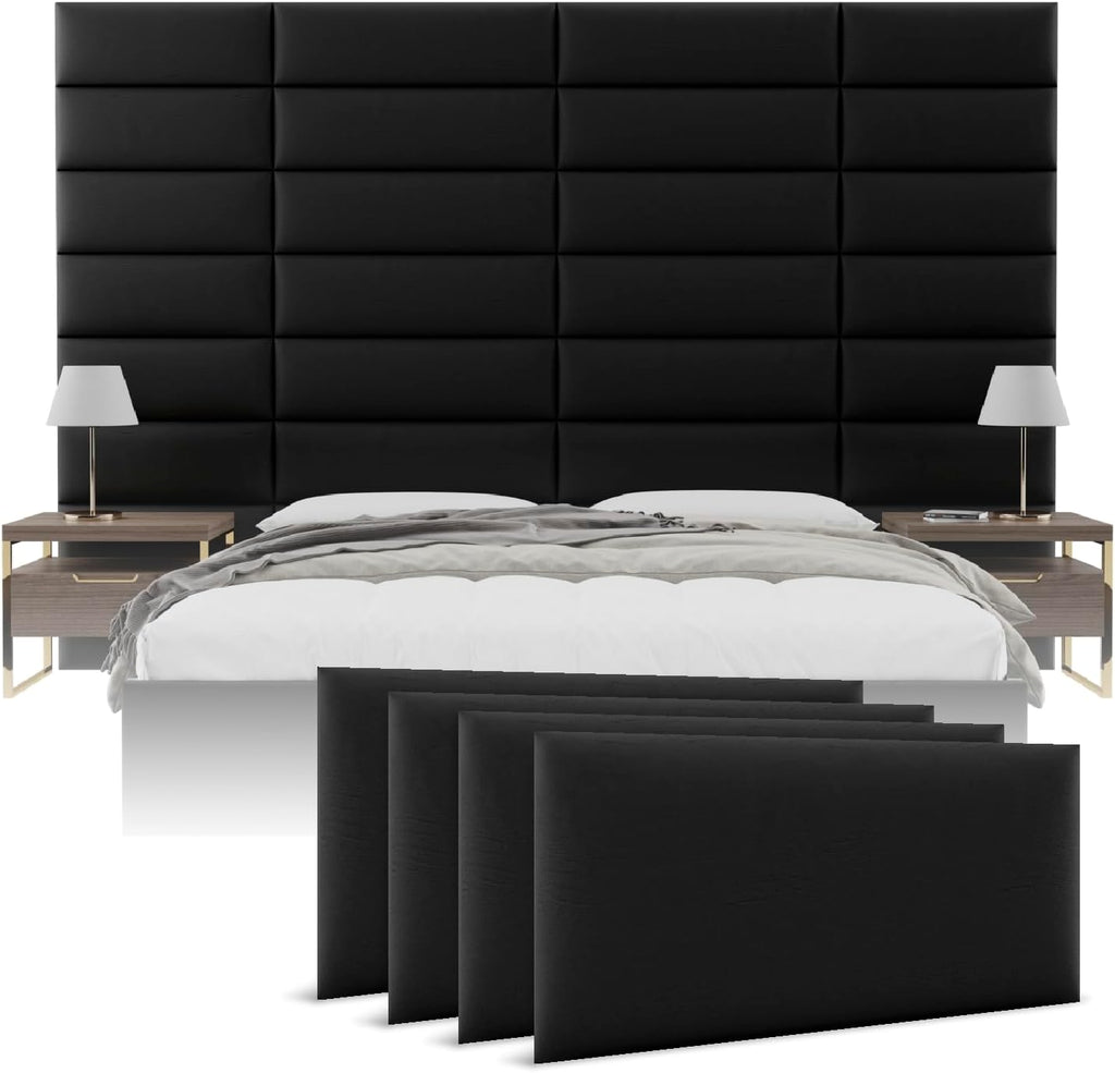 Vänt Upholstered Wall Panels - Queen/Full Size Wall Mounted Headboards - Vintage Leather Jet Black - Set of 4 Panels (Each Individual Panel 30'x11.5')
