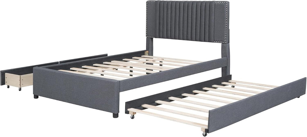 Merax Full Size Upholstered Platform Bed with 1 Twin Size Trundle and 2 Drawers,Soft Classic Headboard Design,Grey