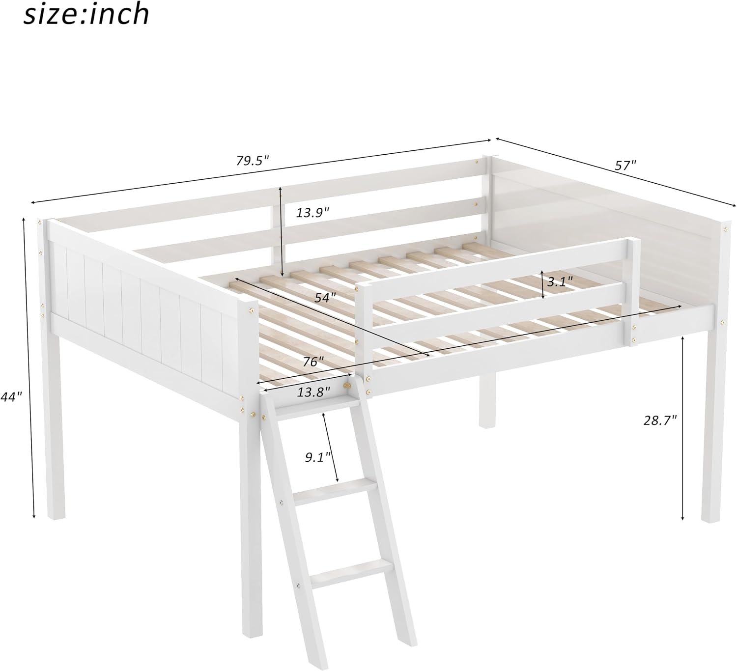 JIVOIT Full Size Low Loft Bed, Wooden Loft Bed with Convertible Ladder, Ladder can be Placed on The Left or Right, Full-Length Guardrails, No Box Spring Required (White & Convertible Ladder,Full)
