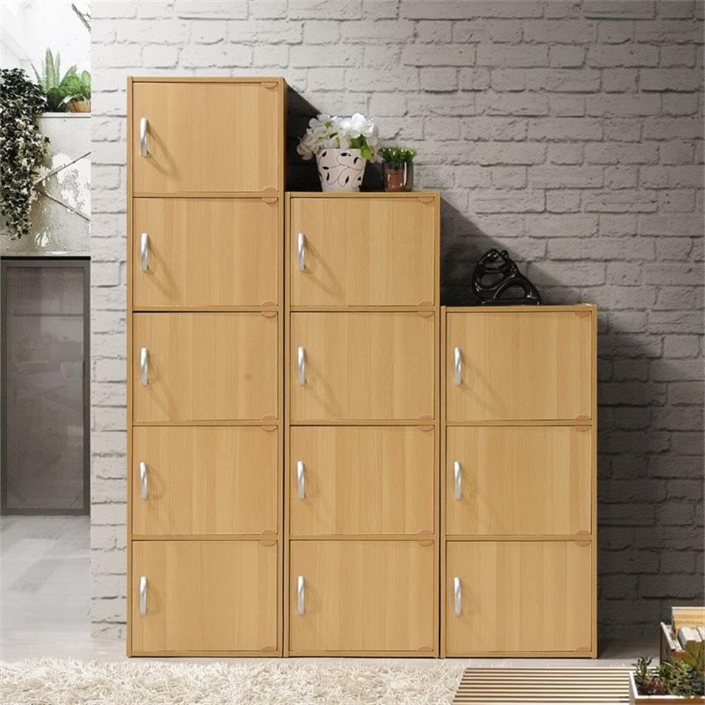Pemberly Row 5 Shelf 5 Door Bookcase, 59 in H x 15.9 in W x 11.75 in D, Beech Finish, Slim Design Multi-Purpose Storage for Office, Bedroom, Kids Room, Kitchen or Laundry Room Organization