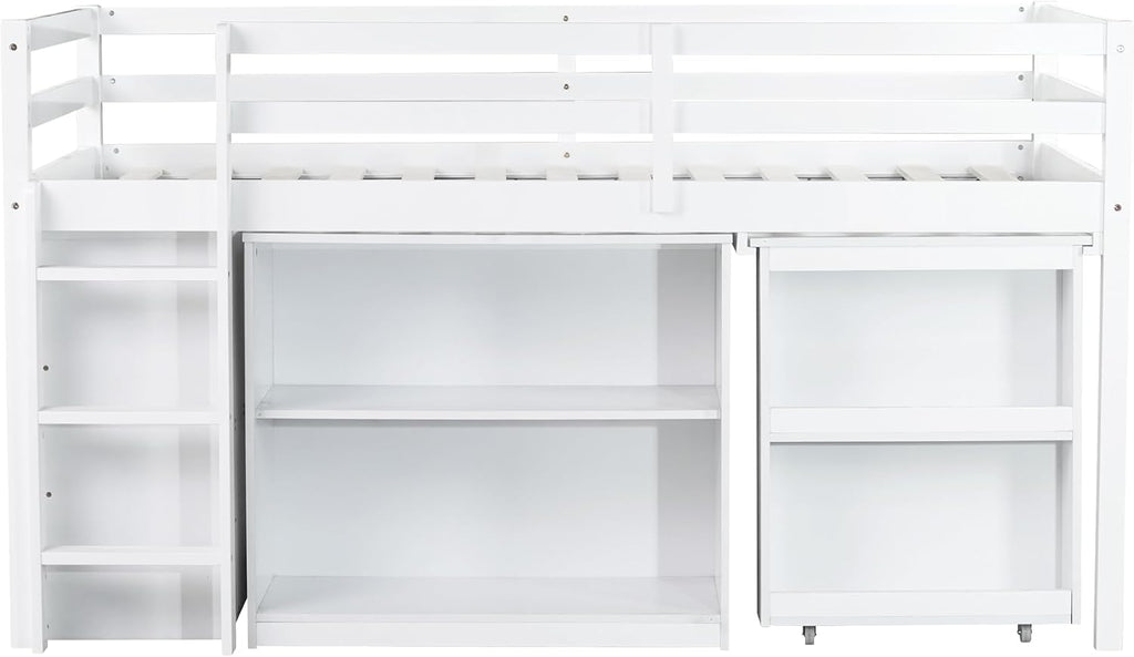 Twin Loft Bed, Multifunctional Loft Bed with Drawer Cabinet, Shelf Cabinet and Pulling-Out Desk, Flexible Under-bed Storage Space, Rubber Wood Loft Bed with Safety Guardrail and Ladder (White/261)