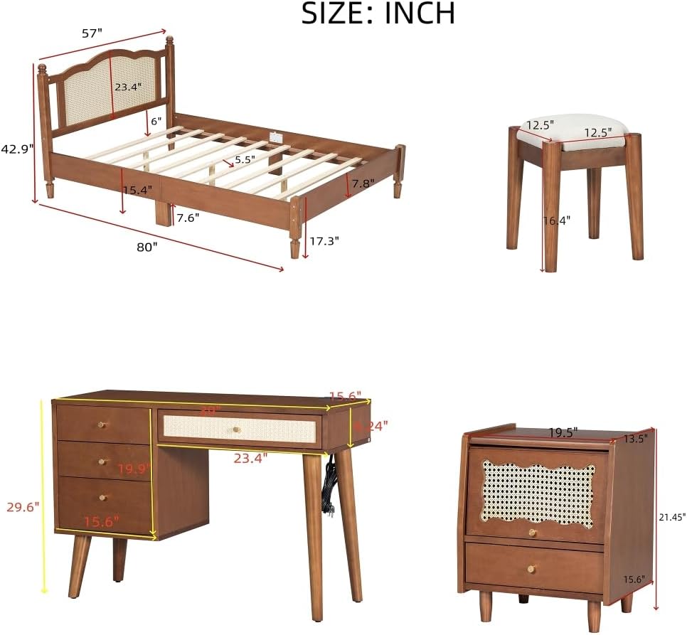 3 Pieces Bedroom Set with Full Size Wooden Bed Frame, 1 Vintage Nightstand and 1 Makeup Vanity Set with Stool,Black (Walnut + Wood + Full + 3 Piece Set)