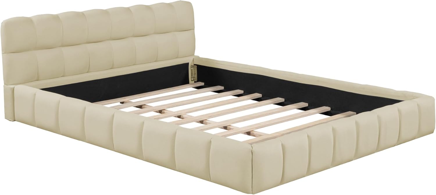 Queen Size Upholstered Platform Bed with Thick Fabric, Grounded Bed with Solid Frame,Wood Slat Support, No Box Spring Needed,Easy Assembly,Bedroom Set (C+Beige)