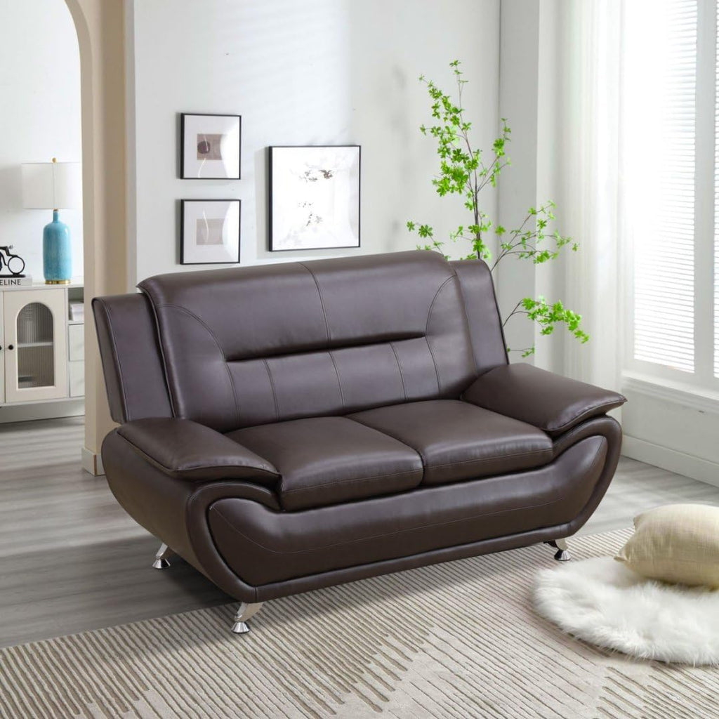 Contemporary Living Room Furniture Set, Vegan Leather Sofa Set for Living Room/House/Bedroom/Office/Apartment (Brown, Sofa+Loveseat)