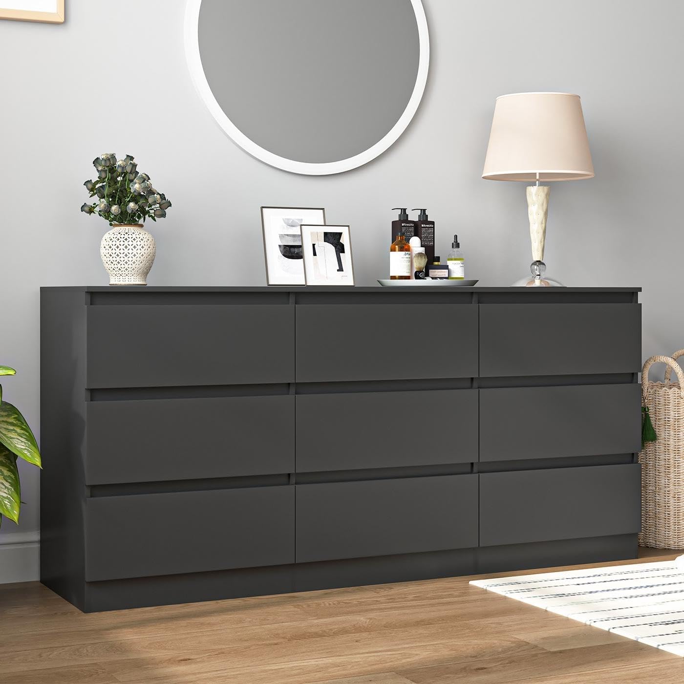 Black 9 Drawer Dresser for Bedroom,Modern Deep Drawer Dresser with No-Handle Design,Wide Storage Chest of Drawers,Wood Bedroom Storage Organizer Furniture for Closet,Hallway
