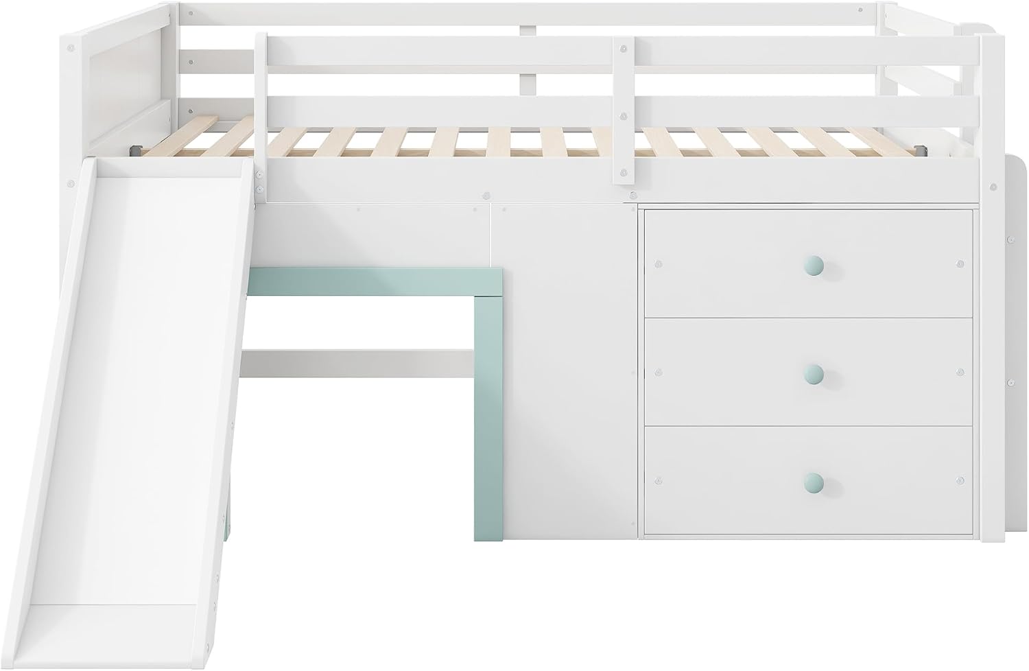 JIVOIT Wooden Low Loft Bed with Slide, Full Size Loft Bed with Three Storage Drawers and Two Doors, Wood Slat Support, No Box Spring Required