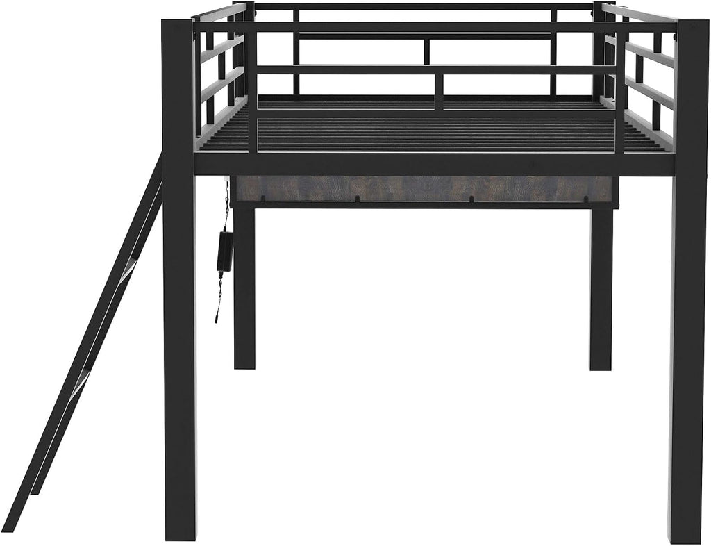 Twin Size Mid Metal Loft Gaming Bed with Desk and LED Lights, Modern Steel Loft Bed Frame with Inclined Ladder and Safety Guardrail for Kids Teens Girls Boys, No Box Spring Needed (Black-08, Twin)