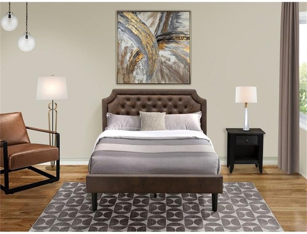 East West Furniture GB25F-1GA06 2-Piece Platform Bed Set with Button Tufted Full Bed and a Wire Brushed Black Night Stands - Dark Brown faux Leather with Black Texture and Black Legs