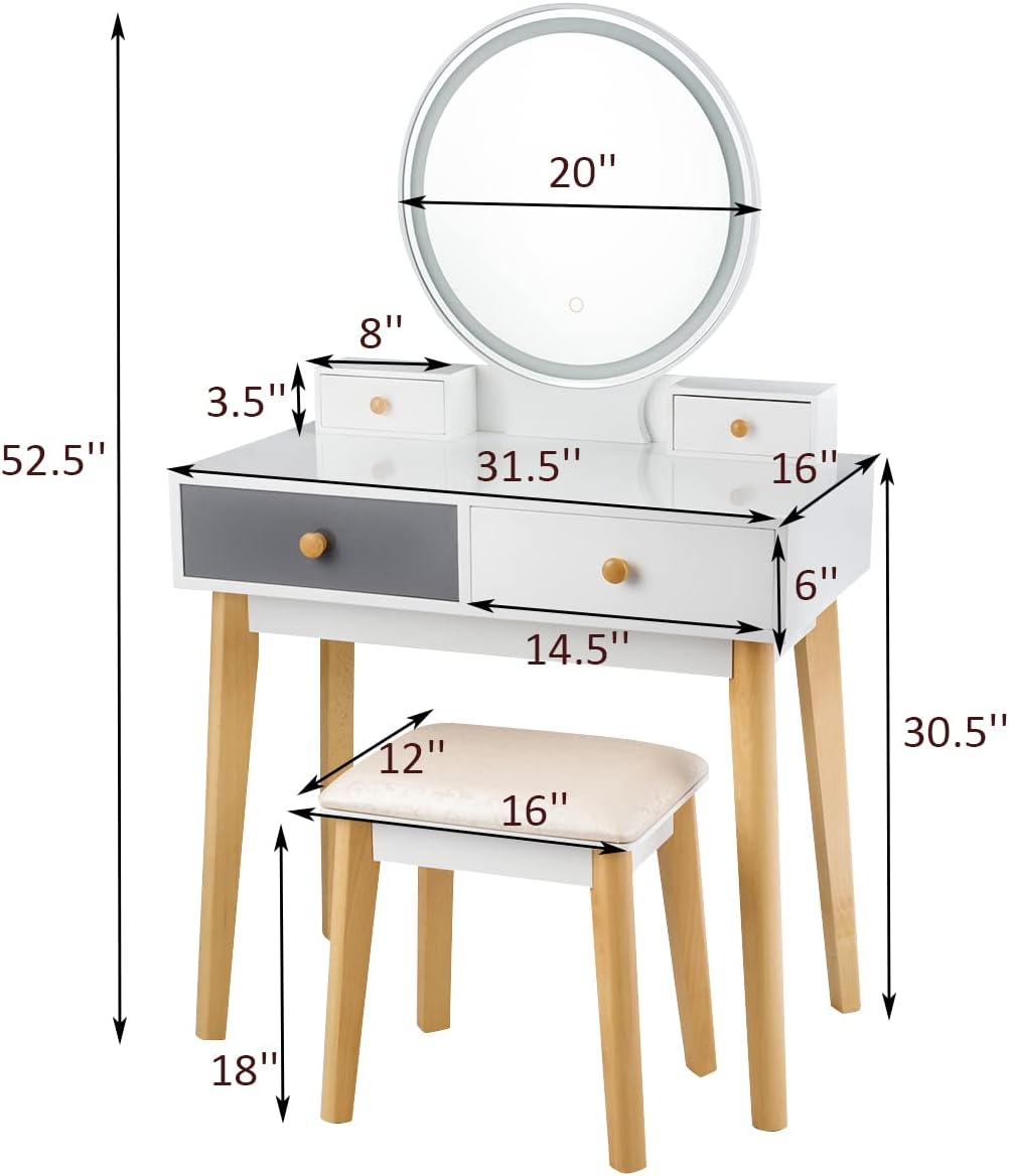 CHARMAID Vanity Set with Lighted Mirror, 3 Color Touch Screen Dimming Mirror, Adjustable Brightness, Bedroom Makeup Dressing Table with 4 Drawers and Cushioned Stool for Girls Women, White & Gray