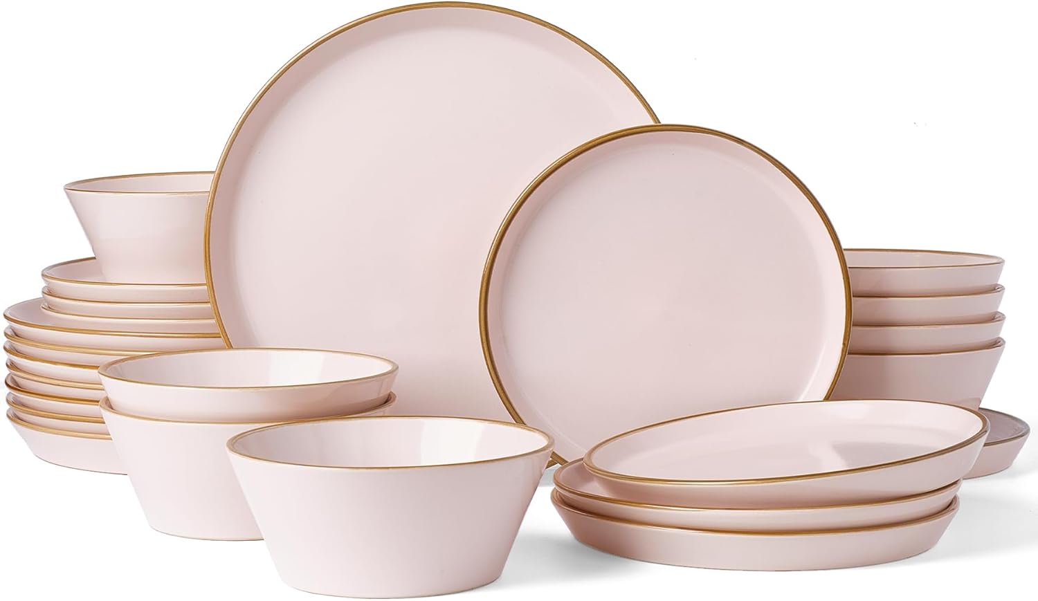 Famiware Saturn Stoneware Dinnerware Sets for 8 (24 Pieces), Ceramic Plates and Bowls Dish Sets with Hand-Painted Trim - Chip & Scratch Resistant, Microwave & Dishwasher Safe Tableware, Light Pink