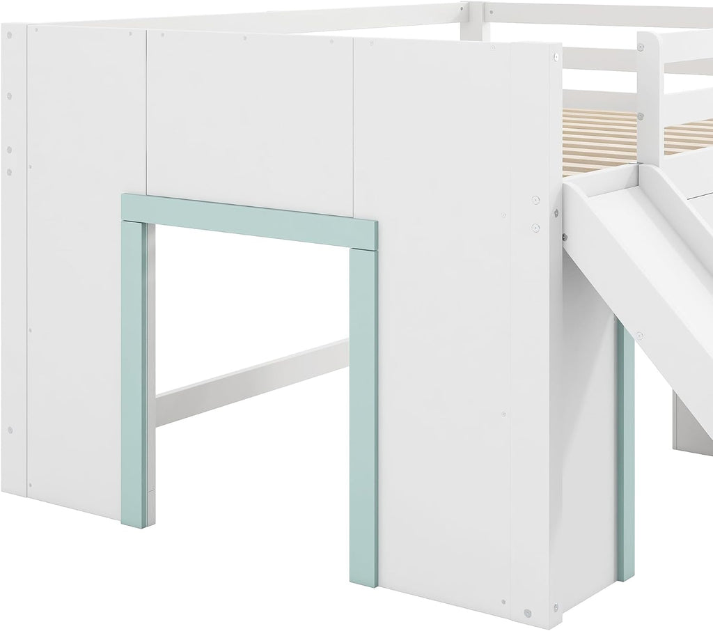 JIVOIT Wooden Low Loft Bed with Slide, Full Size Loft Bed with Three Storage Drawers and Two Doors, Wood Slat Support, No Box Spring Required