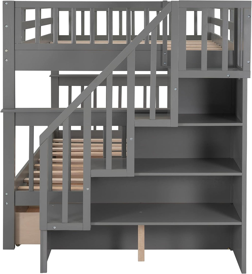 Harper & Bright Designs Full-Over-Full Bunk Bed with Storage Drawers, Soild Wood Stairway Bunk Bed with Full-Length Guard Rail Can Be Divided into 2 Beds for Boys Girls, No Box Spring Needed(Grey)
