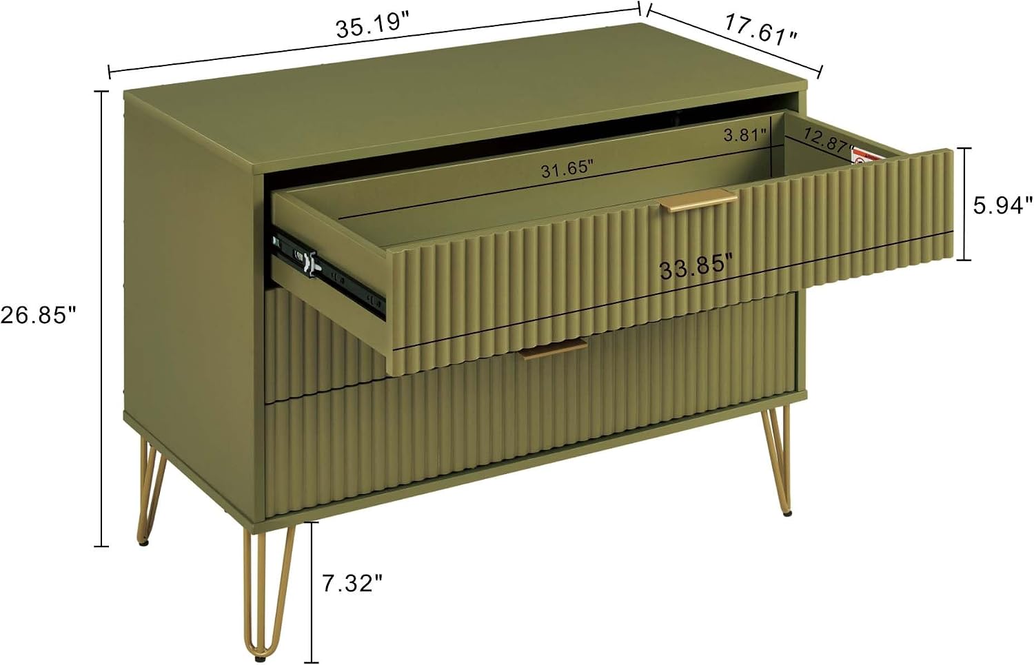 Manhattan Comfort Dumbo 2 Piece Dresser & Nightstand Set, Fluted Night Stand with Hairpin Gold Metal Legs & 3-Drawer Dresser, No Tool Assembly, Storage Cabinet for Bedroom, Living Room in Olive Green