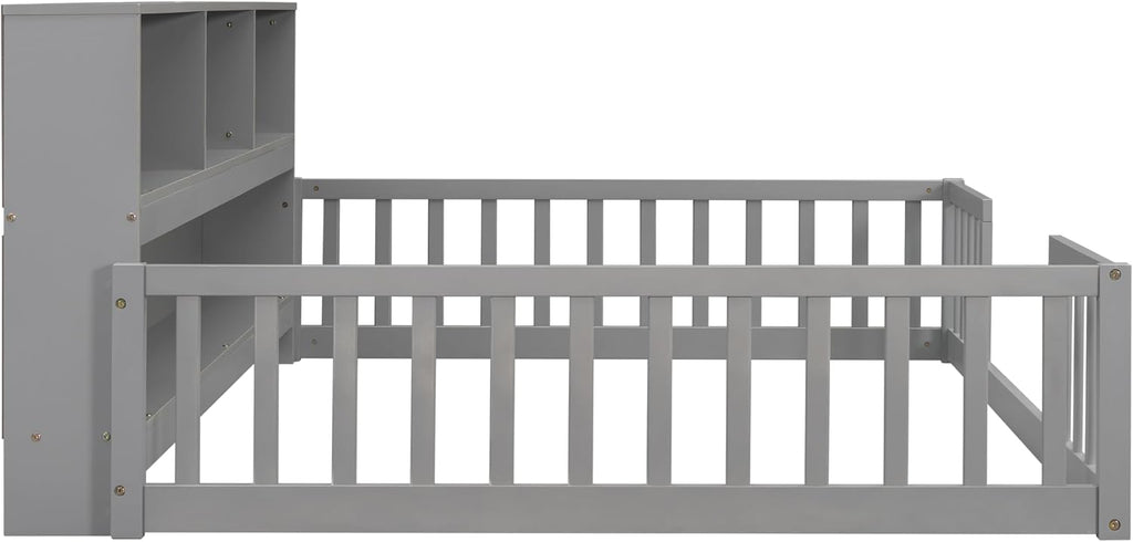 Bellemave Kids Montessori Floor Bed,Full Size Floor Bed with Bookcase and Shelves,Full Bed Frame with Guardrails for Kids,Girls,Boys,Full,Gray