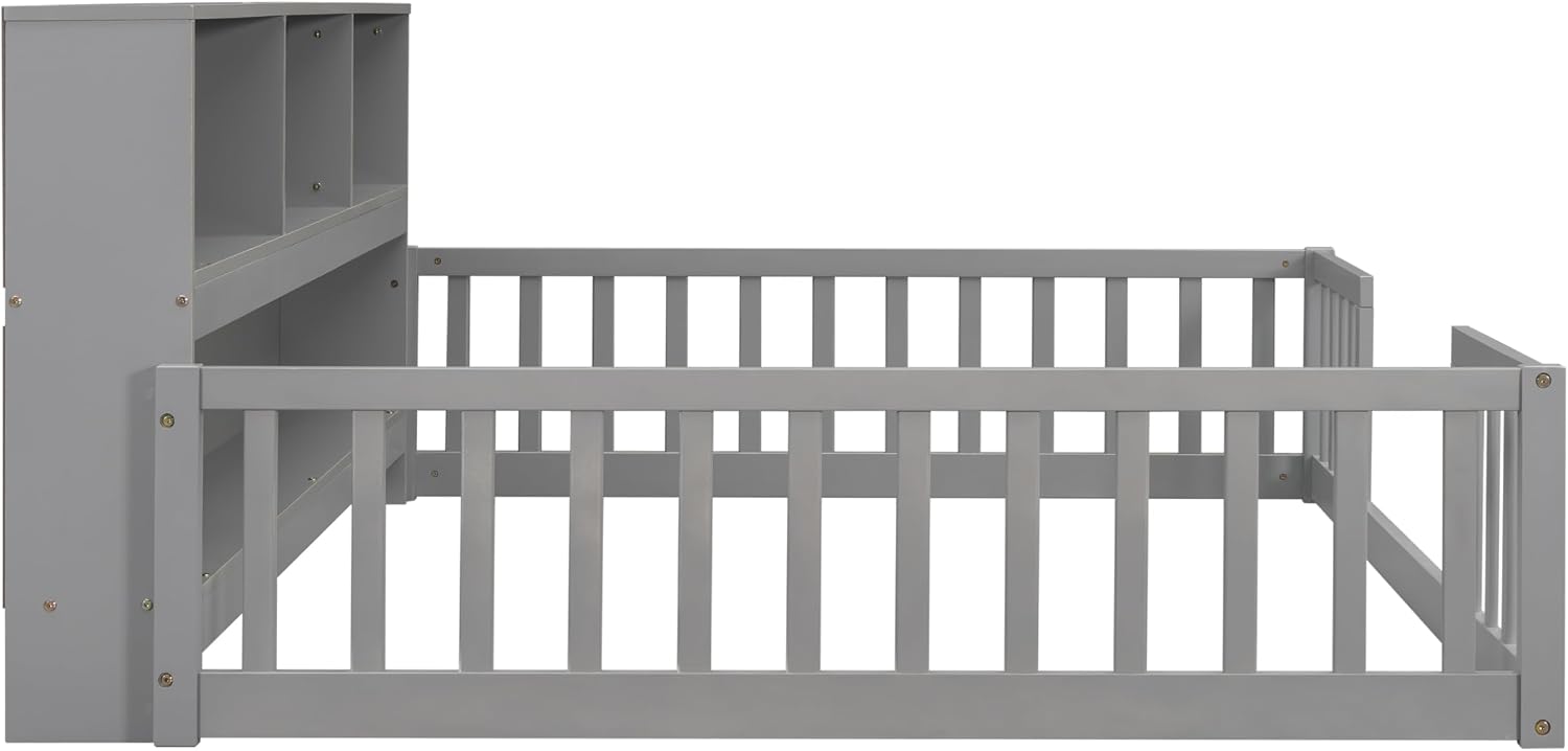 Bellemave Kids Montessori Floor Bed,Full Size Floor Bed with Bookcase and Shelves,Full Bed Frame with Guardrails for Kids,Girls,Boys,Full,Gray