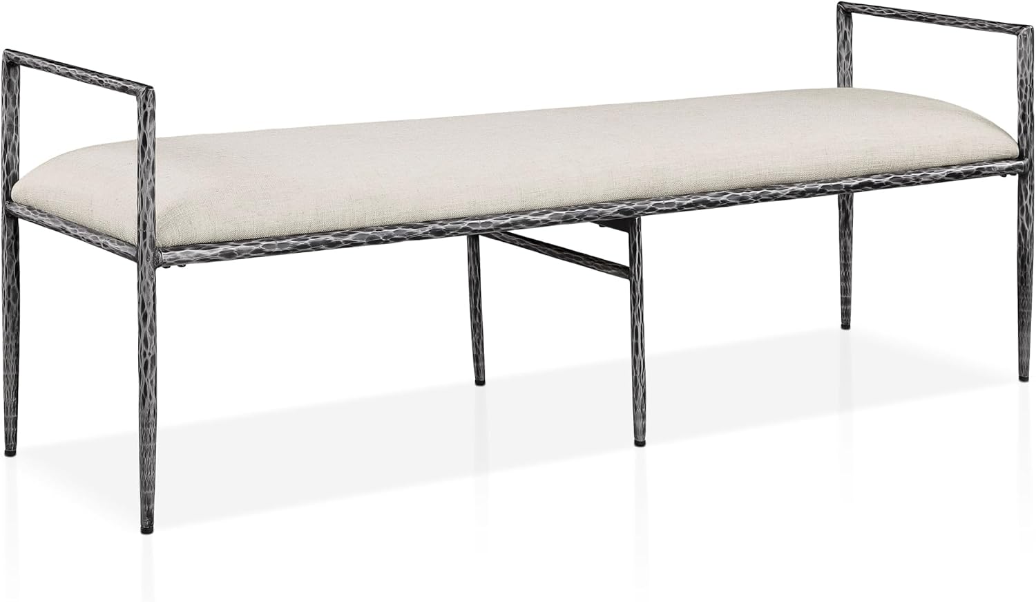 24/7 Shop at Home Lalia Hammered Metal 3-Piece Bedroom Collection, Upholstered Bed Frame with Beige Fabric Headboard, Forged Steel, Bench and 1-Shelf Nightstand, Foundation Required, Full, Matte Grey